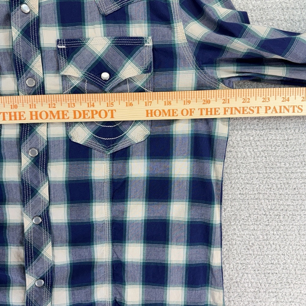True Religion Western Pearl Snap Shirt Mens Large Blue White Plaid Long Sleeve - Picture 12 of 15